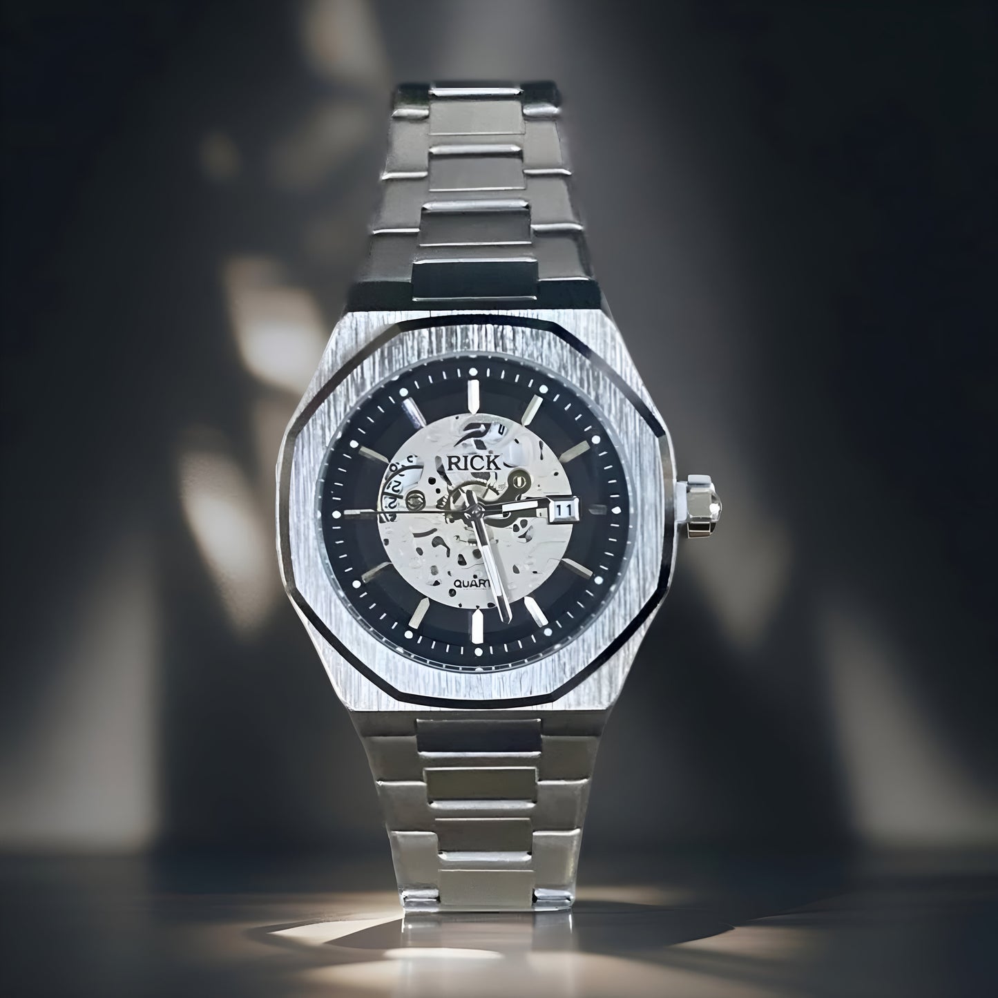 Rick Modern Stainless Steel Skeleton Watch with Date Display & Master Lock