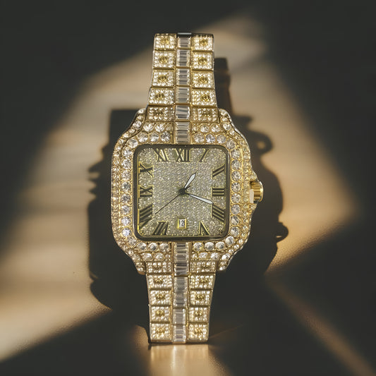Elegant Gold Crystal Luxury Watch with Roman Numerals & Master Lock